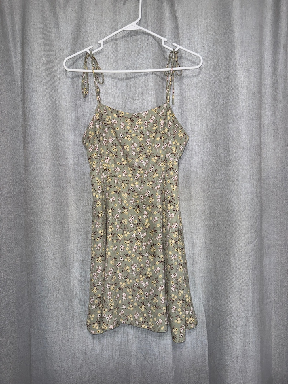 Lola Grace Ditsy Floral Tie Strap Mini Dress Sage Green Cottagecore